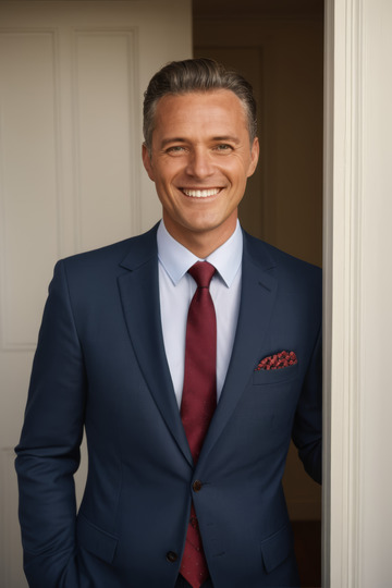 西装男士微笑靠门特写