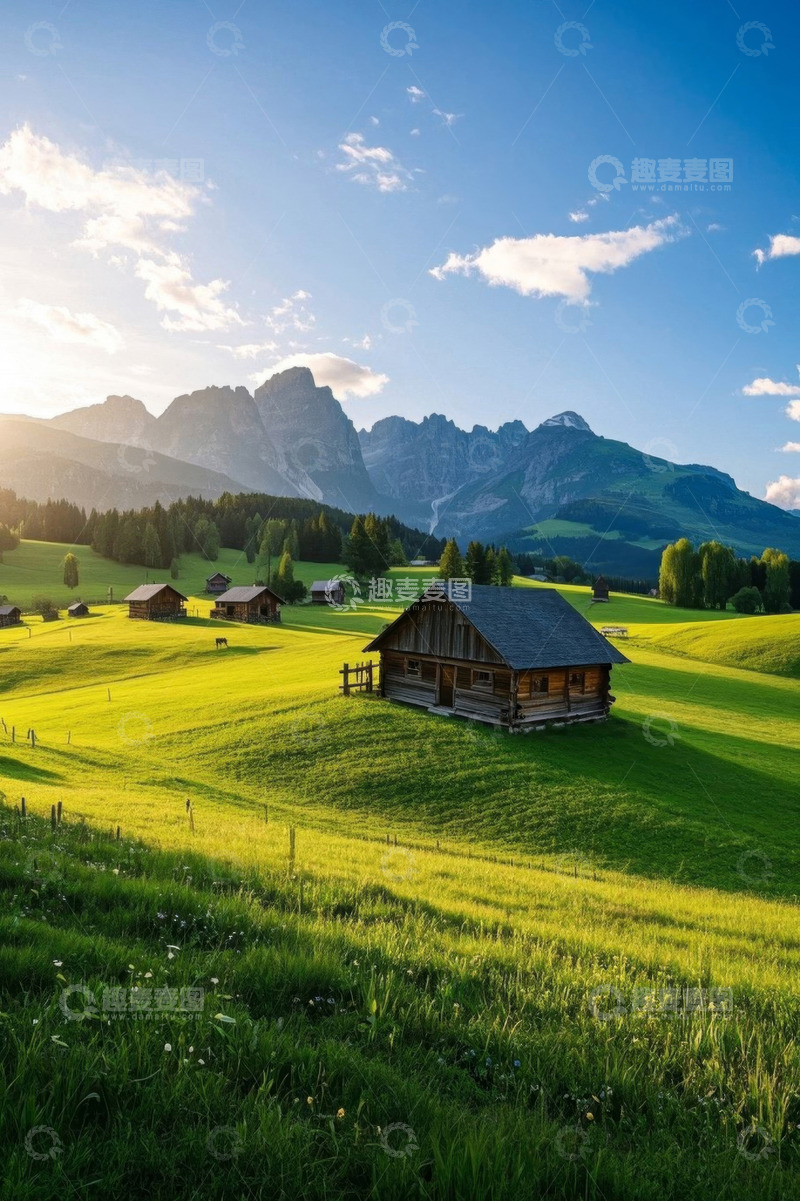 高清大图下载【趣麦麦图】山间草原木屋自然风光