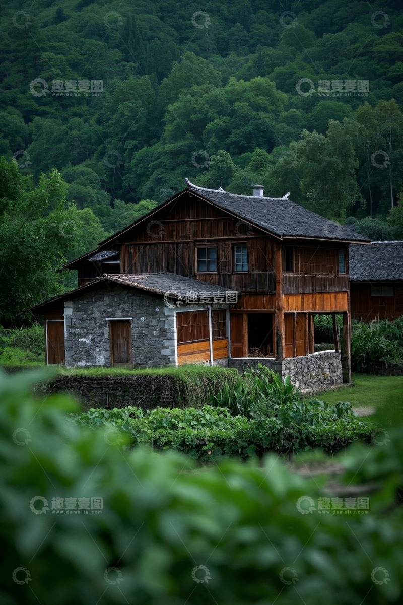 高清大图下载【趣麦麦图】山林间的木质农舍与绿植
