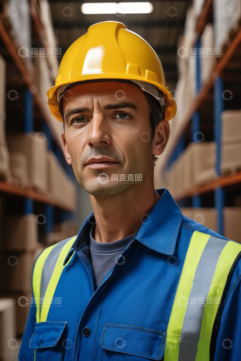 高清大图下载【趣麦麦图】仓库工人穿戴安全帽和反光衣