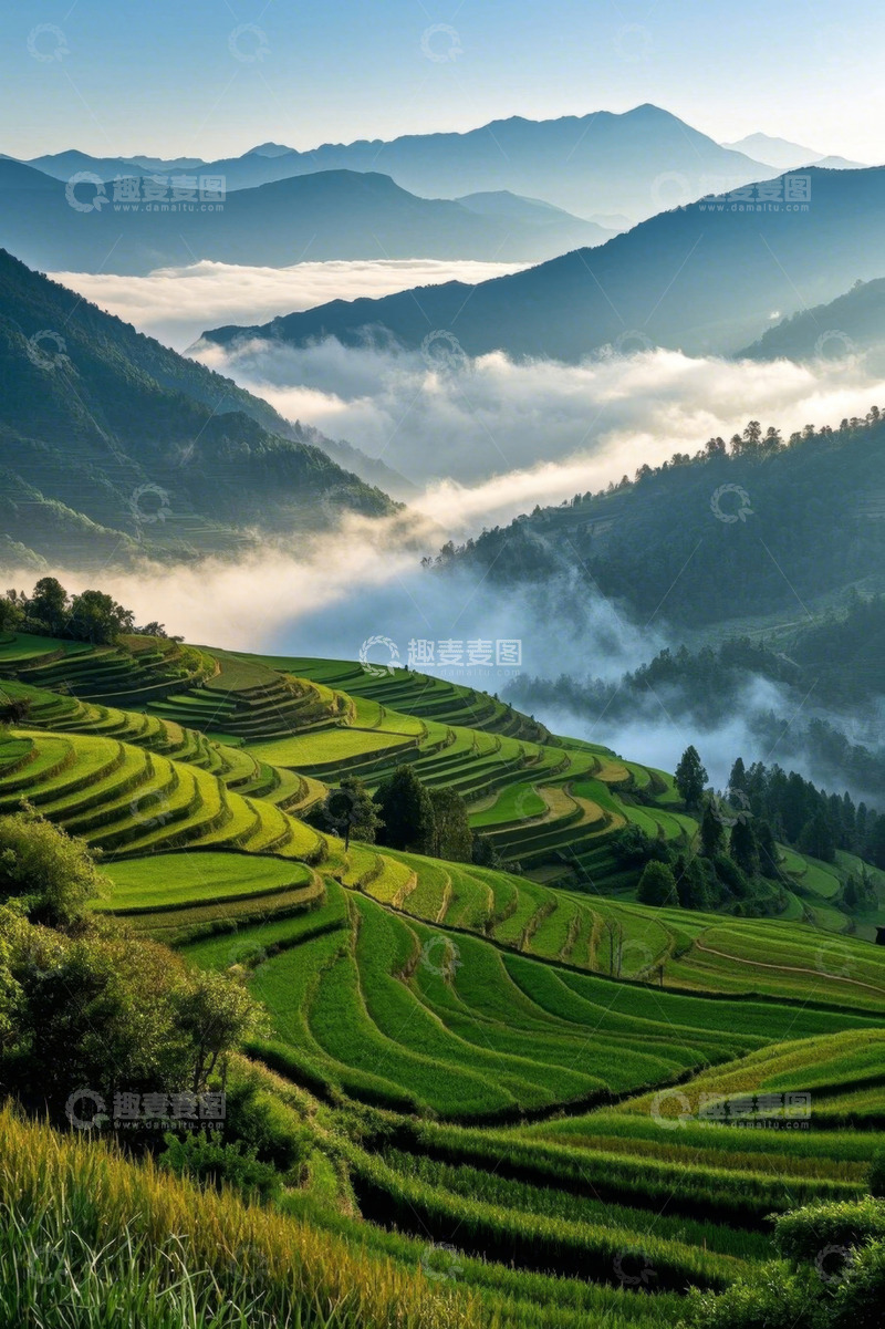 高清大图下载【趣麦麦图】山间云雾缭绕的梯田景观
