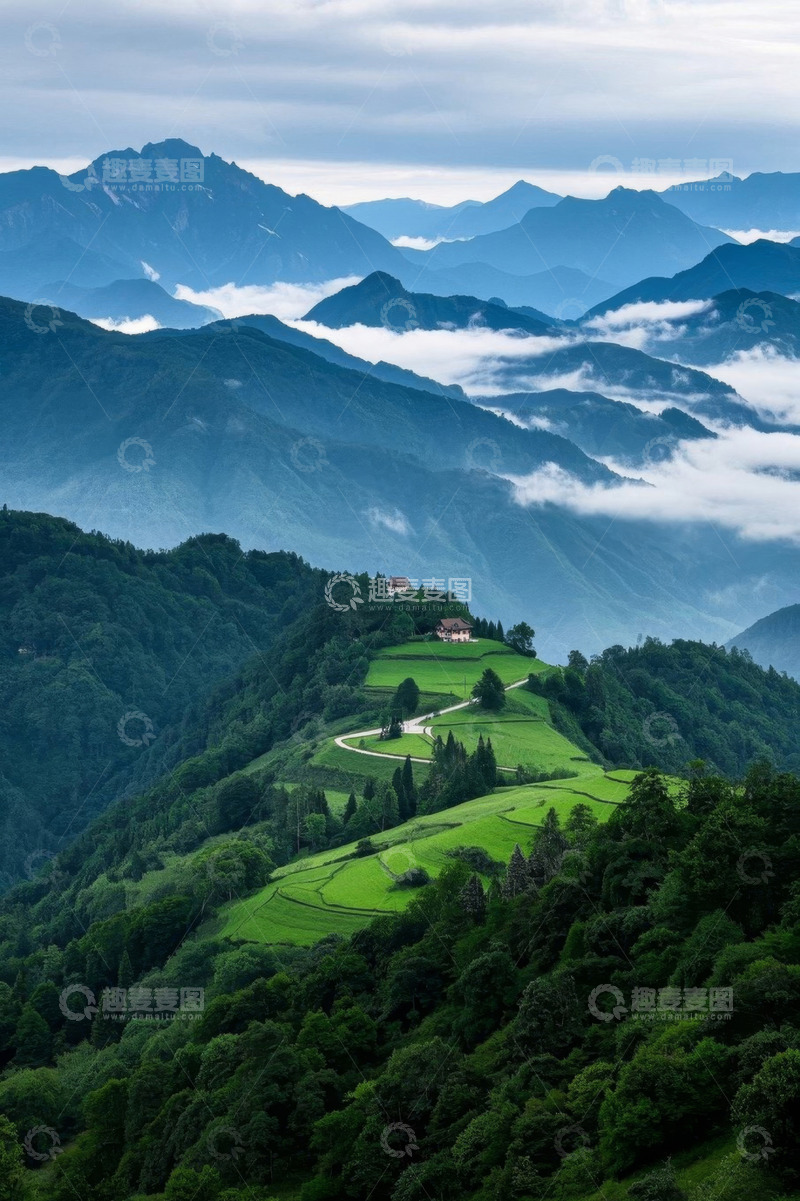 高清大图下载【趣麦麦图】山间云雾缭绕的绿色田园风光