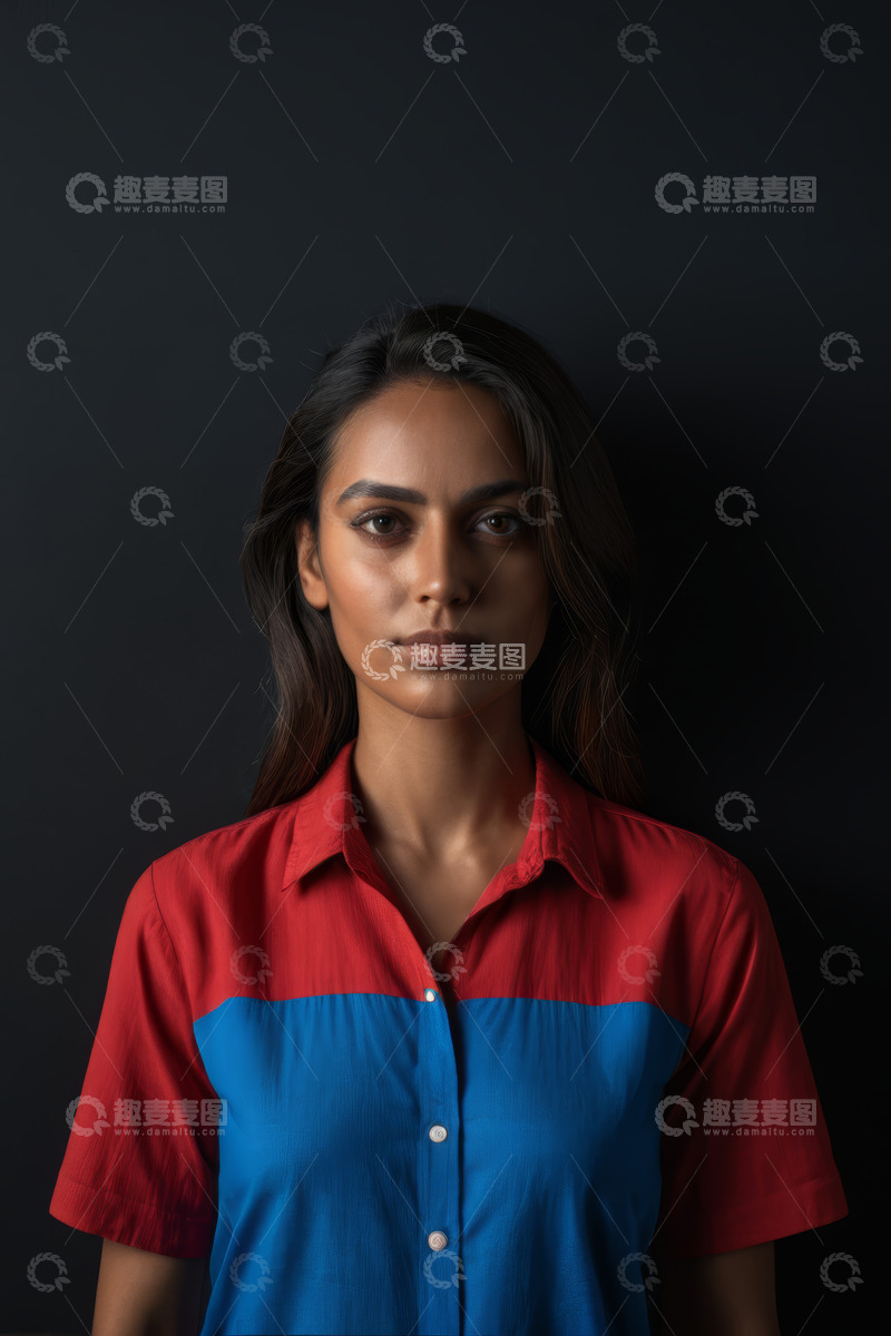 高清大图下载【趣麦麦图】穿红蓝拼接衬衫女人的肖像