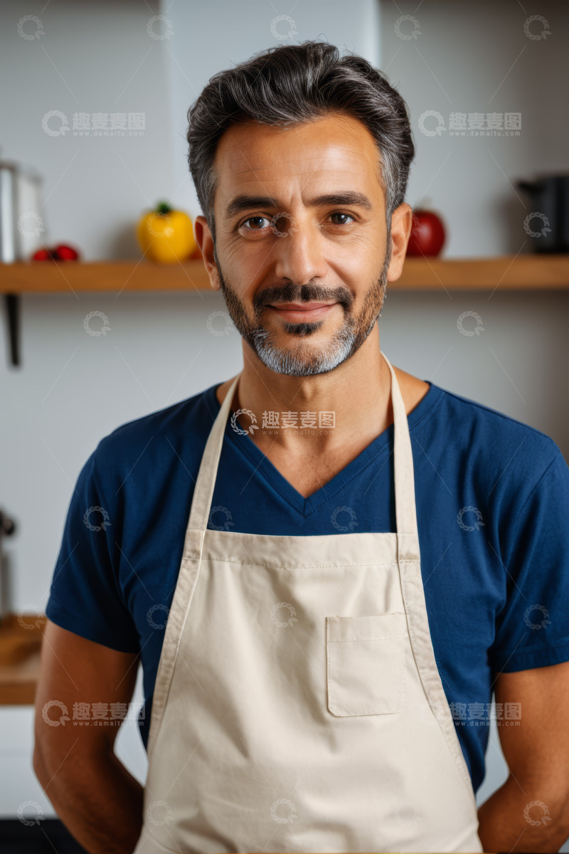 高清大图下载【趣麦麦图】穿着围裙微笑的男士在厨房