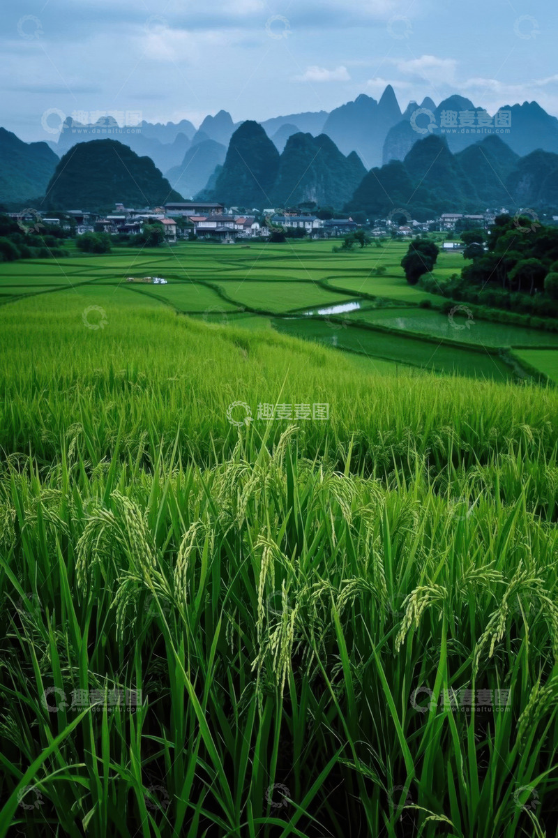 高清大图下载【趣麦麦图】桂林田园稻田与远山景观