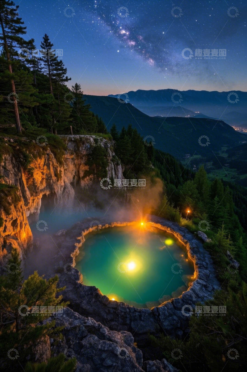 高清大图下载【趣麦麦图】山间夜晚发光水池风景