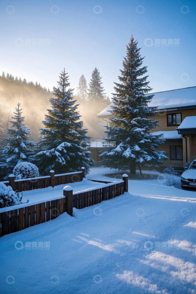 高清大图下载【趣麦麦图】冬日雪后庭院与松树林景观