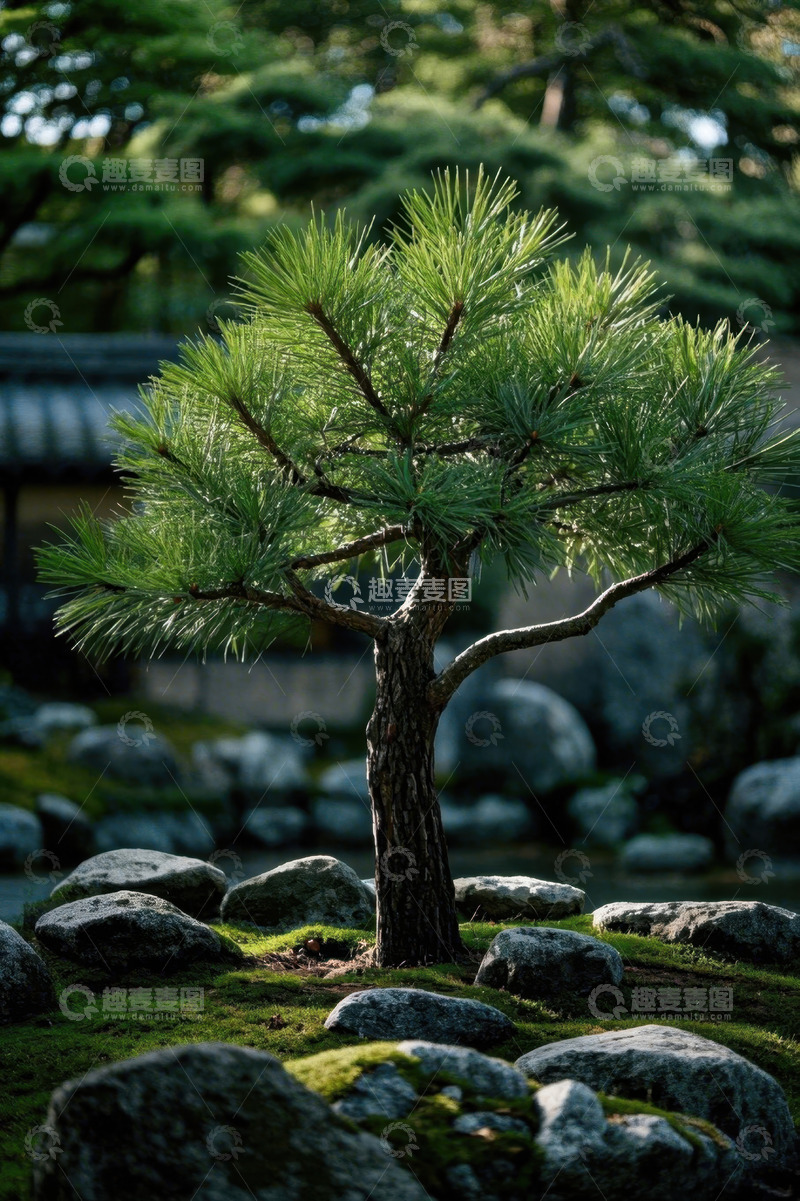 高清大图下载【趣麦麦图】庭院中的松树与石头景观