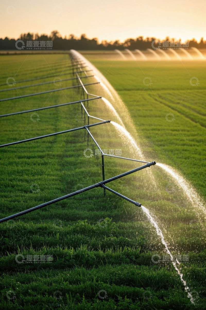 高清大图下载【趣麦麦图】农田灌溉系统夕阳下喷水场景