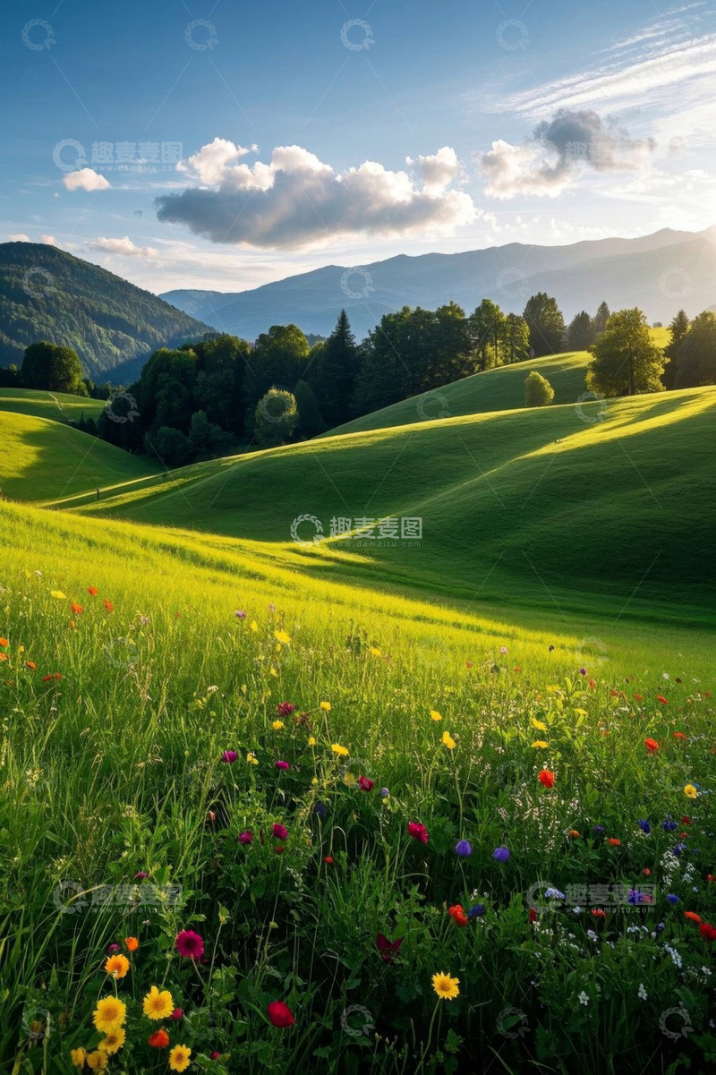 高清大图下载【趣麦麦图】户外绿色山丘与花卉风景