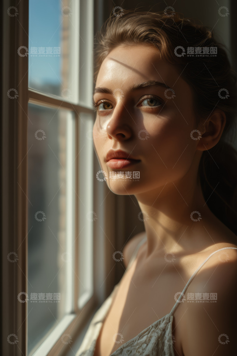 高清大图下载【趣麦麦图】窗边女子特写肖像
