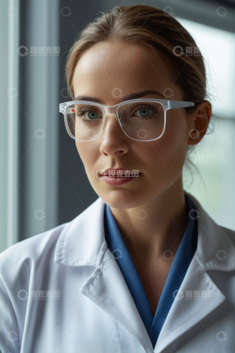 高清大图下载【趣麦麦图】穿白大褂戴眼镜的女性特写
