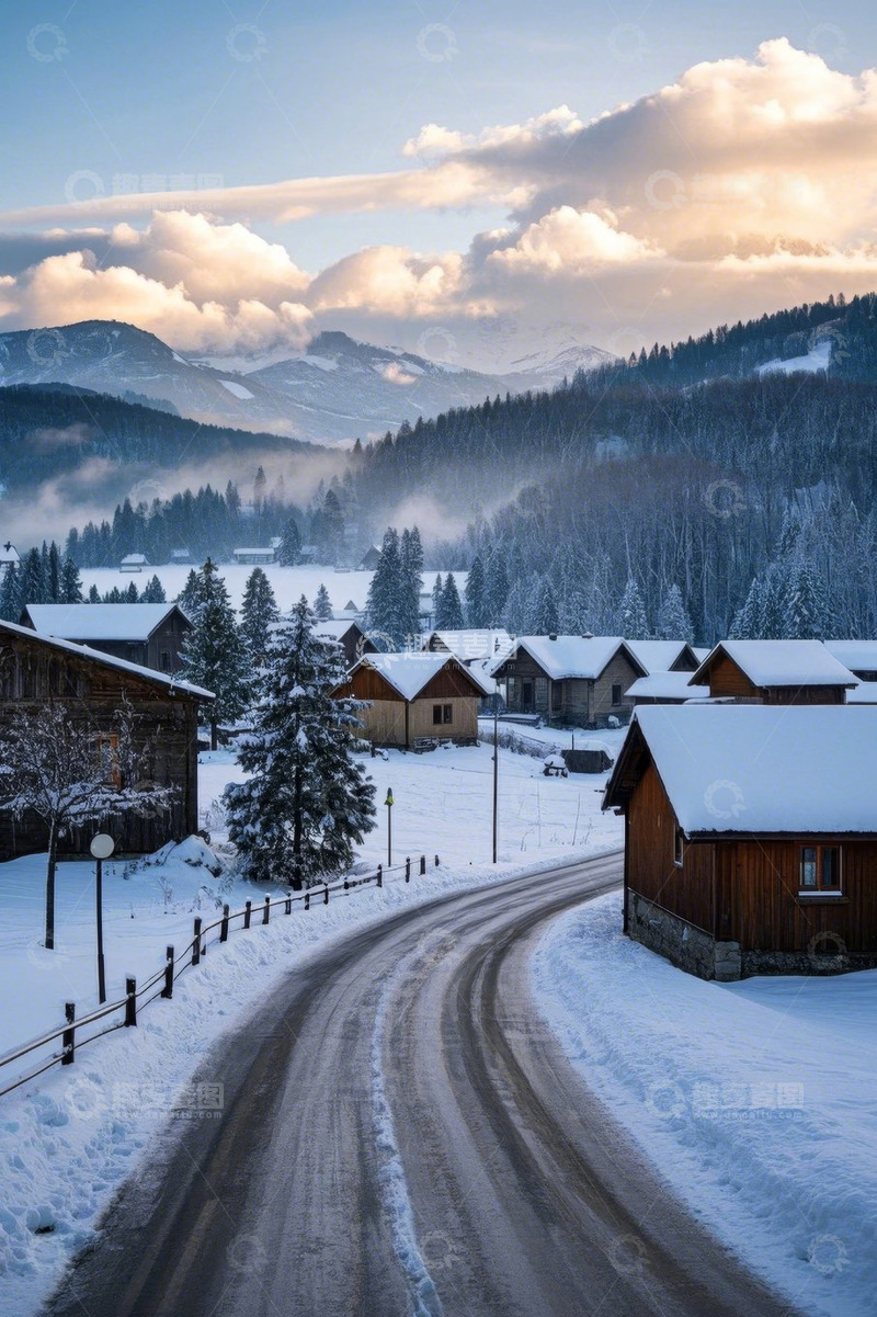 高清大图下载【趣麦麦图】冬日雪覆山村道路风景