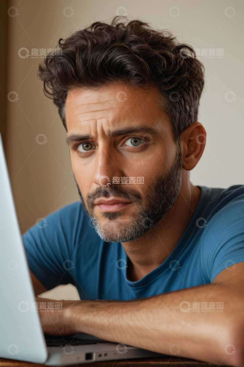 高清大图下载【趣麦麦图】男子室内专注使用笔记本电脑