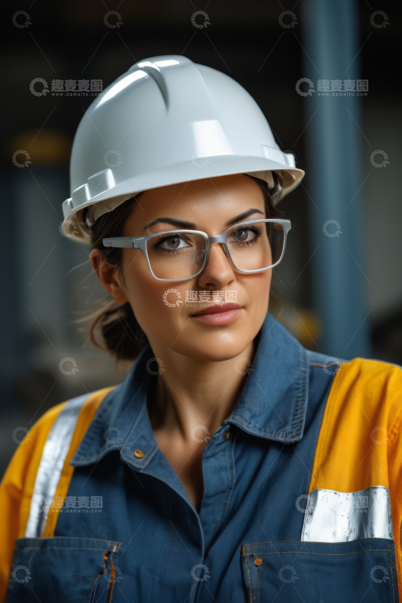 高清大图下载【趣麦麦图】戴安全帽穿工装的女性工人