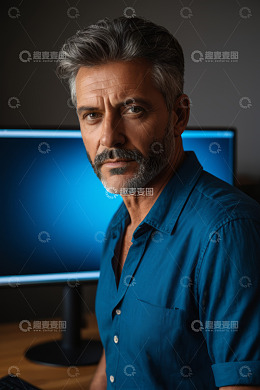 穿蓝色衬衫男人在电脑前