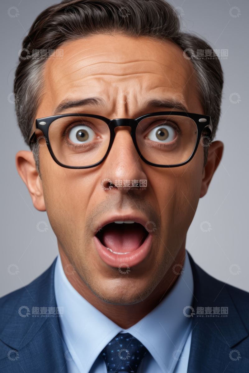 高清大图下载【趣麦麦图】穿西装戴眼镜男人惊讶表情