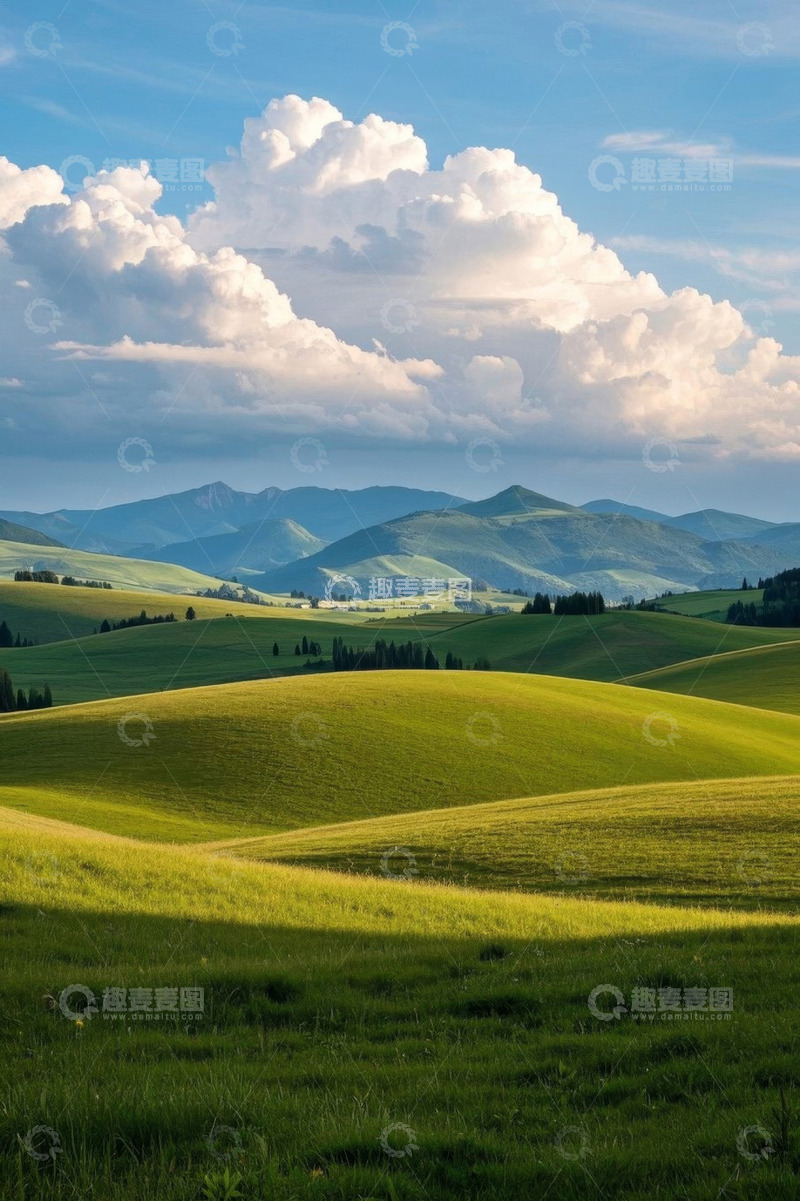 高清大图下载【趣麦麦图】绿色草原与远山蓝天白云景观