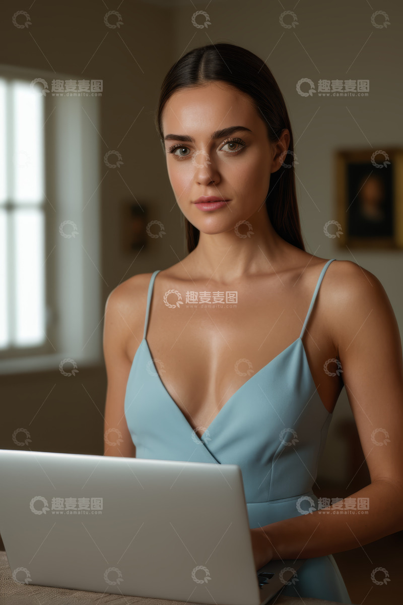 高清大图下载【趣麦麦图】居家女性使用笔记本电脑