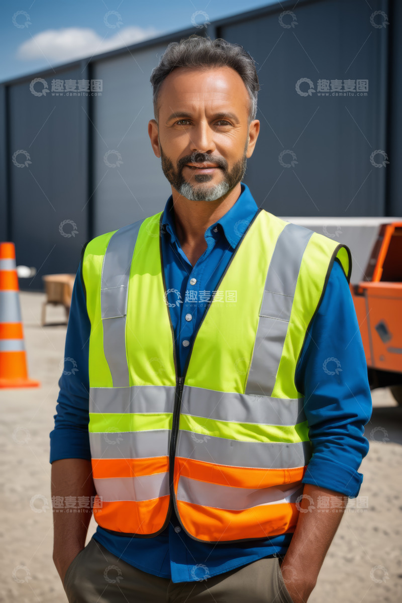 高清大图下载【趣麦麦图】穿反光背心工人站在户外