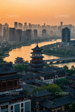 城市古今建筑融合日落景观