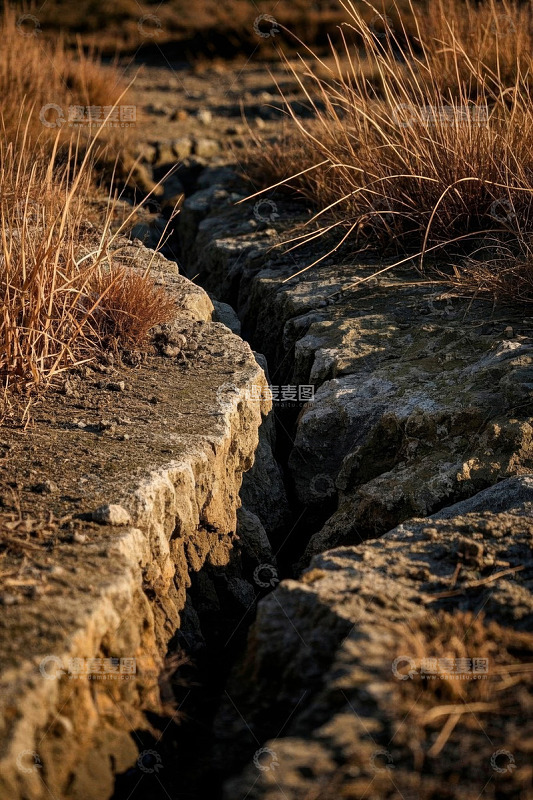 地面干裂与枯黄野草景象