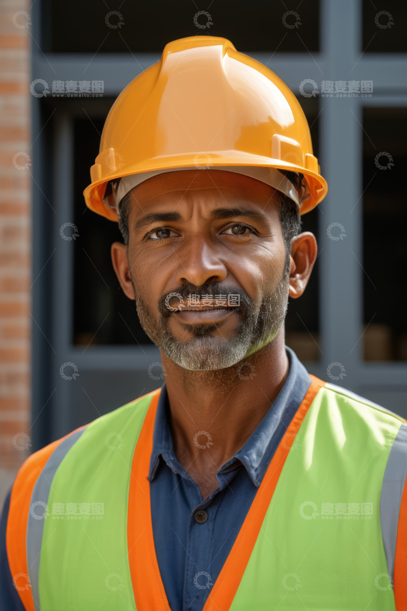 高清大图下载【趣麦麦图】戴安全帽穿反光背心的工人