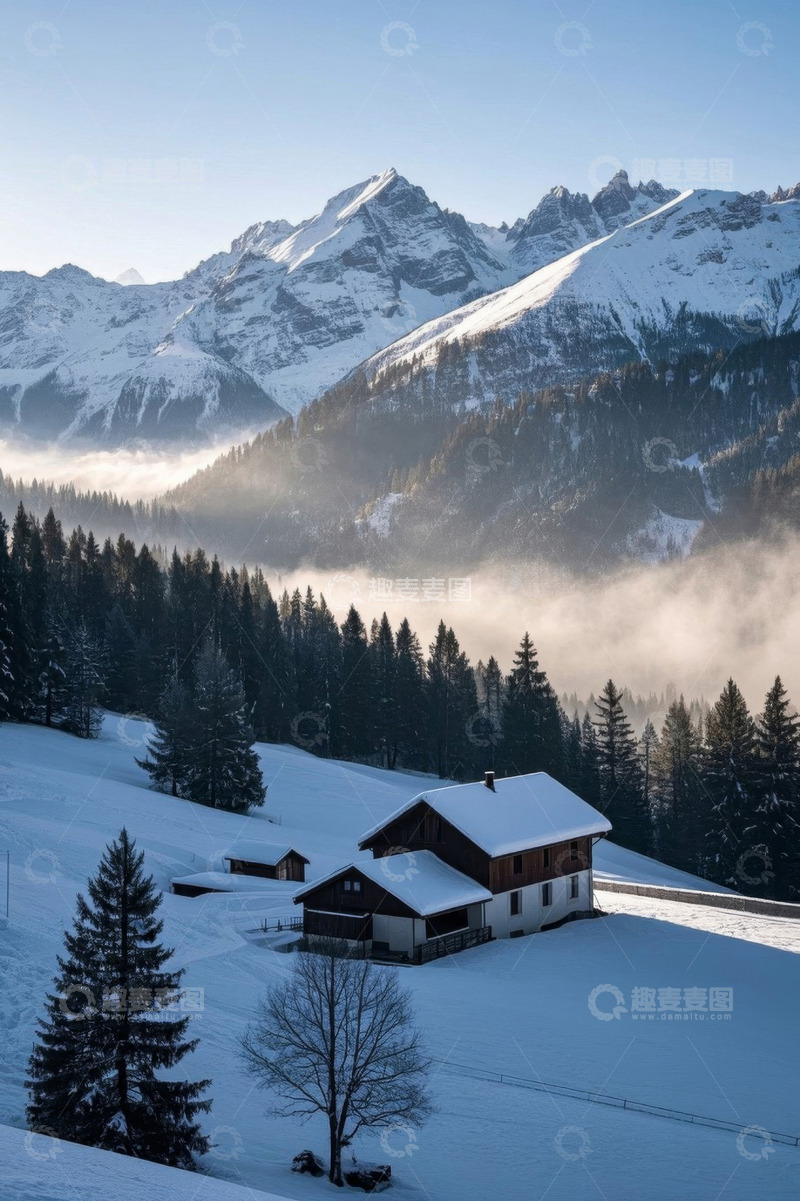 高清大图下载【趣麦麦图】雪山下的森林小屋雪景