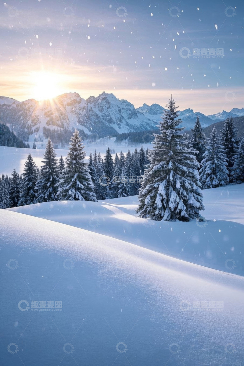 高清大图下载【趣麦麦图】雪山下的冬日森林雪景