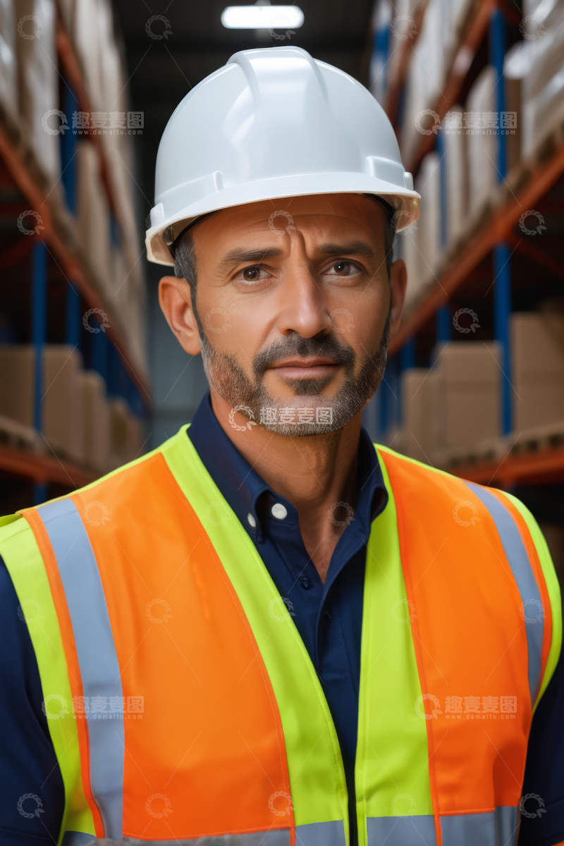 高清大图下载【趣麦麦图】仓库工人穿反光背心戴安全帽