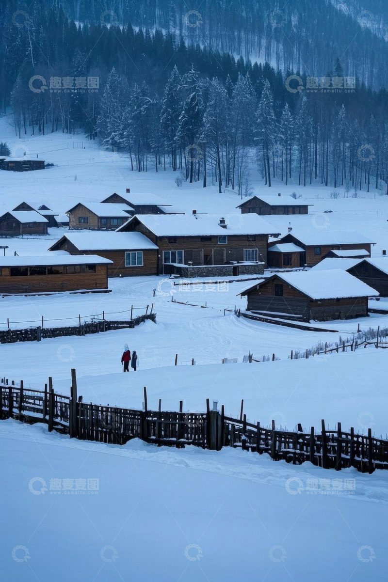 高清大图下载【趣麦麦图】雪乡木屋雪景与行人