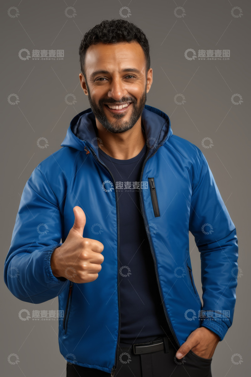 高清大图下载【趣麦麦图】穿蓝色外套男子竖大拇指
