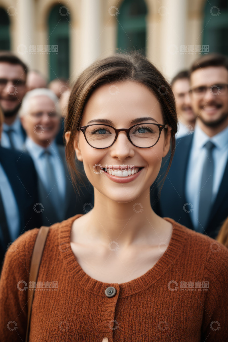 高清大图下载【趣麦麦图】微笑女子与身后西装人群画面