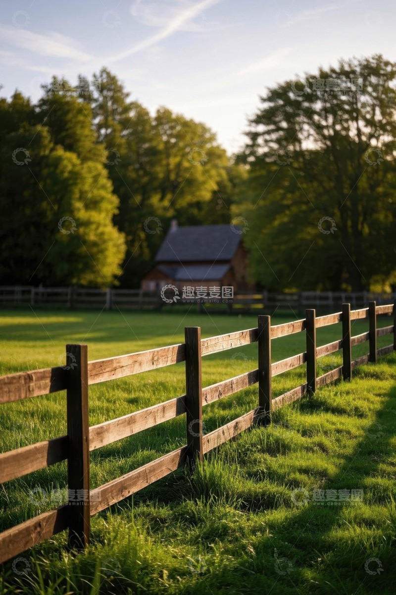 高清大图下载【趣麦麦图】乡村木栅栏与远处小屋风景