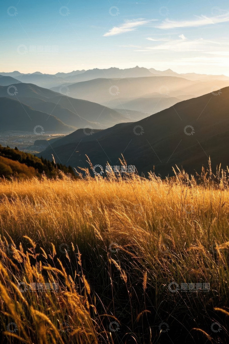 高清大图下载【趣麦麦图】山间草地与远处山脉风景