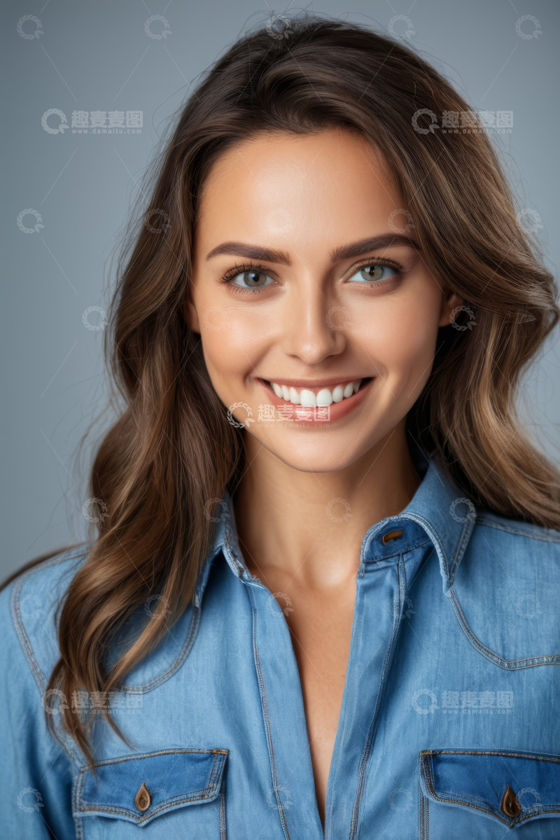 高清大图下载【趣麦麦图】微笑女人牛仔衬衫肖像