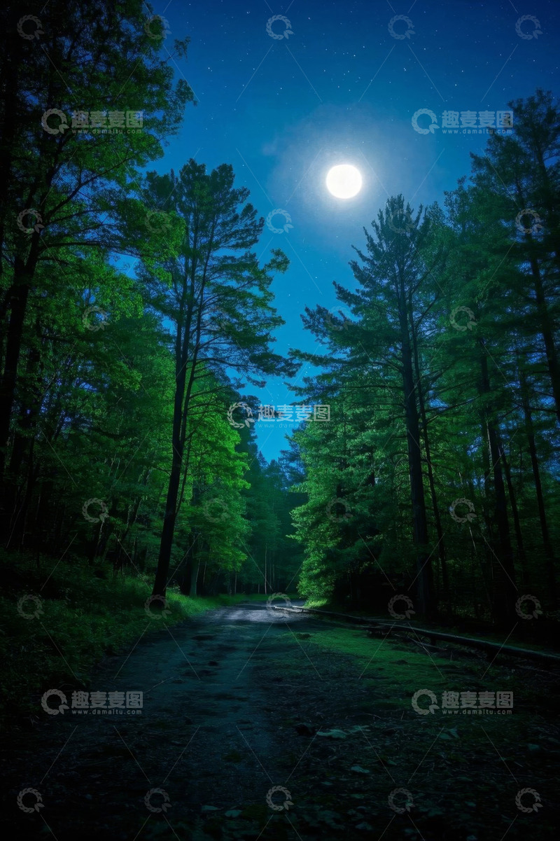 高清大图下载【趣麦麦图】月夜下的森林小路景观