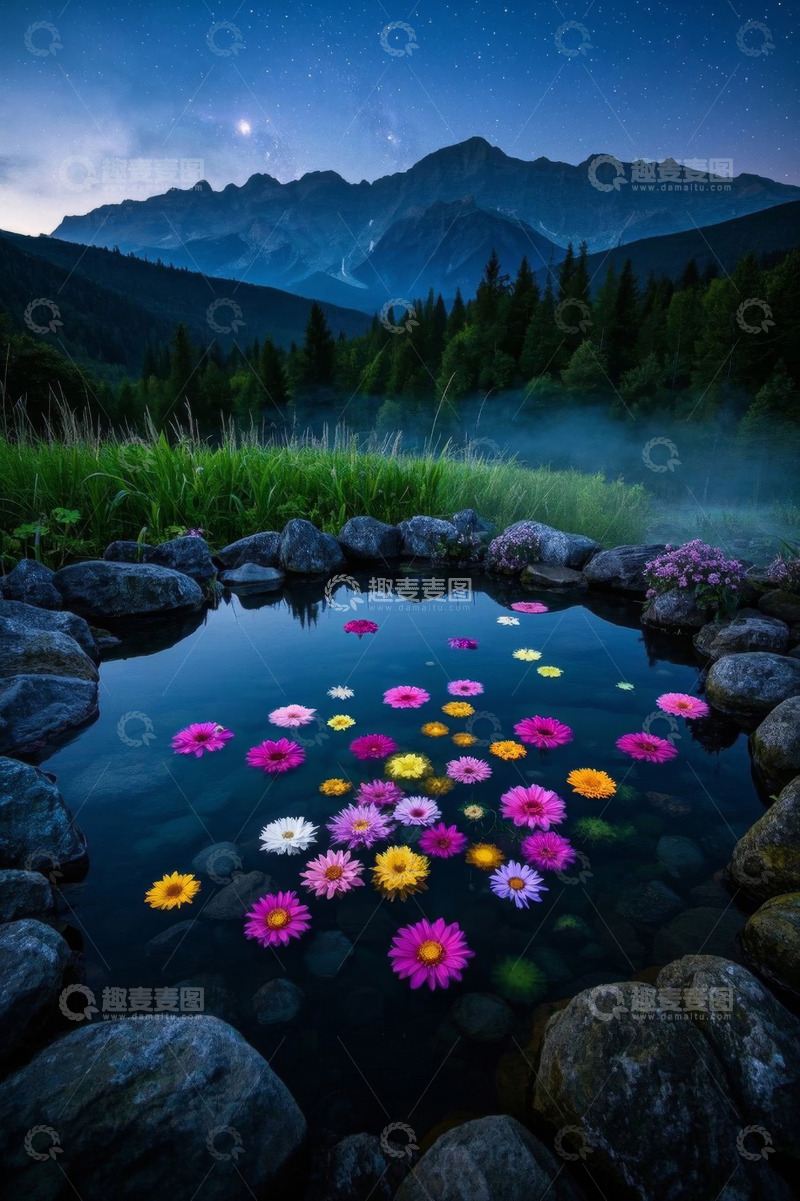 高清大图下载【趣麦麦图】山间夜景小池漂浮多彩花朵