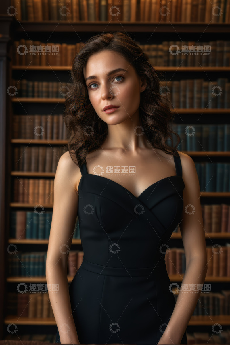 高清大图下载【趣麦麦图】身着黑裙女孩于书架前肖像