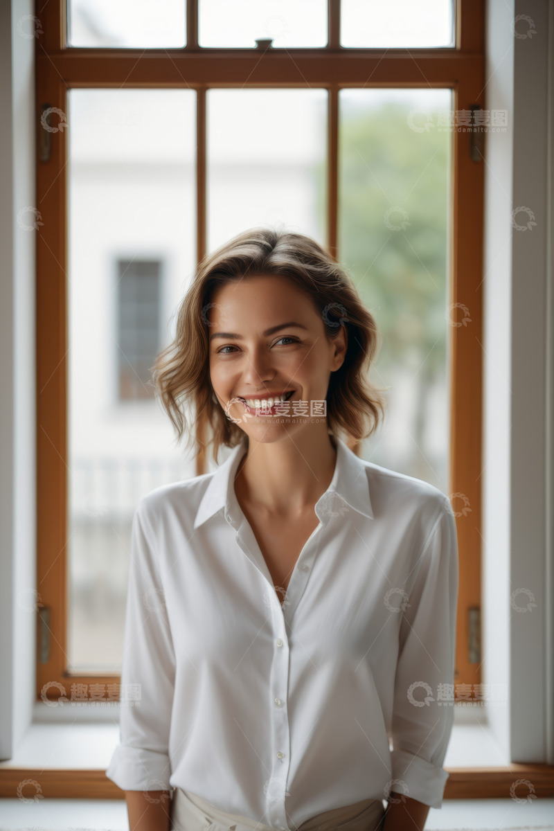 高清大图下载【趣麦麦图】窗边微笑的年轻女性肖像