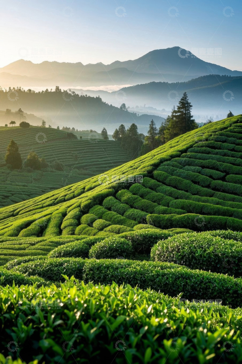 高清大图下载【趣麦麦图】晨曦中的茶山自然风光