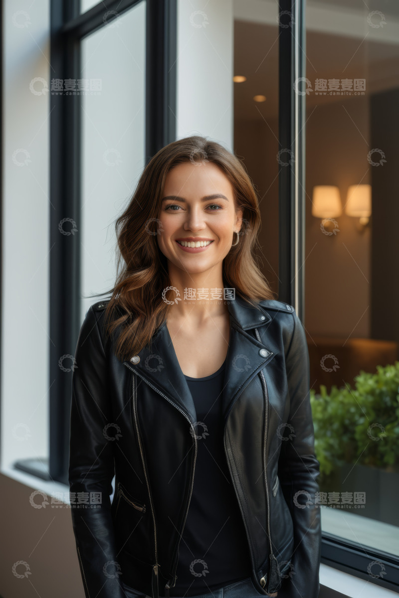 高清大图下载【趣麦麦图】穿皮夹克微笑的年轻女性
