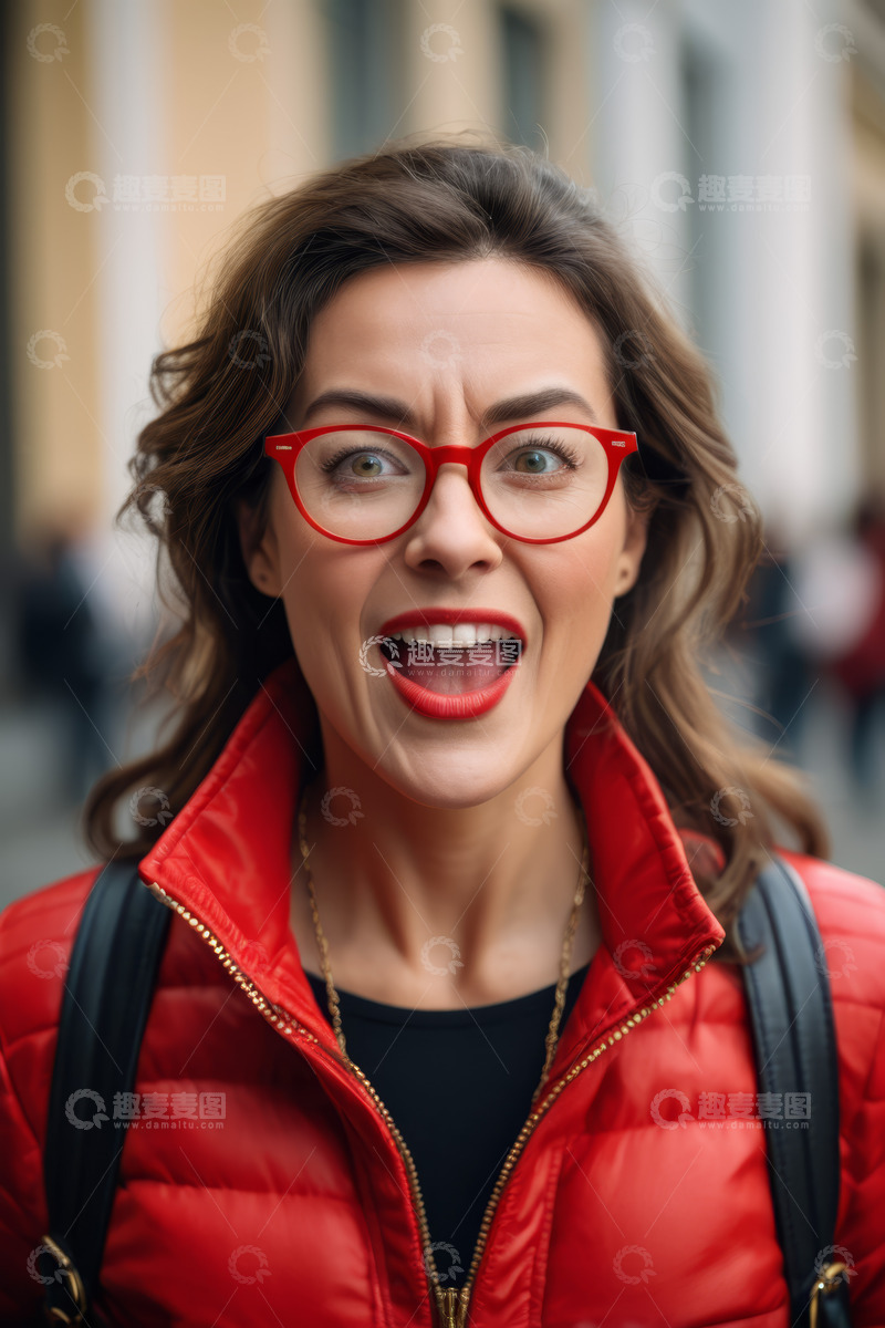 高清大图下载【趣麦麦图】戴红框眼镜的红衣女子表情惊喜