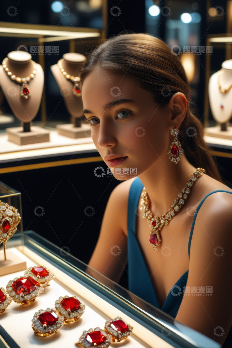 高清大图下载【趣麦麦图】女性于珠宝店展示佩戴珠宝