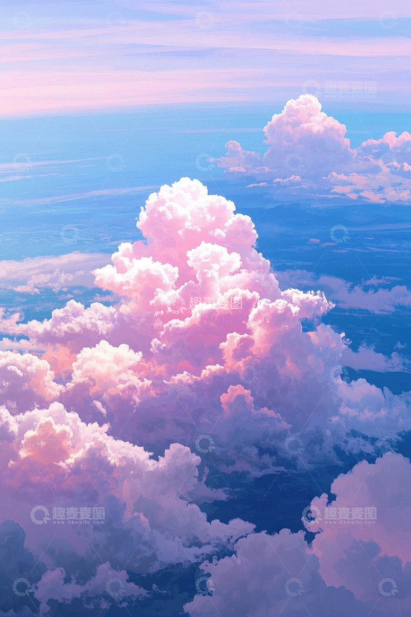 高清大图下载【趣麦麦图】高空视角梦幻粉色云朵景观