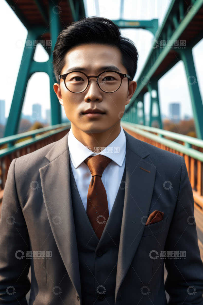 高清大图下载【趣麦麦图】桥上穿着西装的亚洲男子