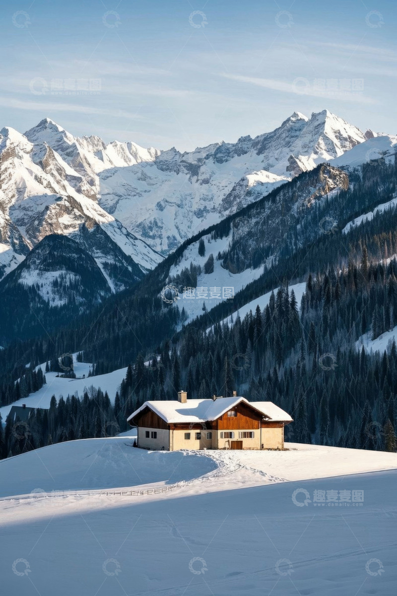 高清大图下载【趣麦麦图】雪山下的小屋冬日景象