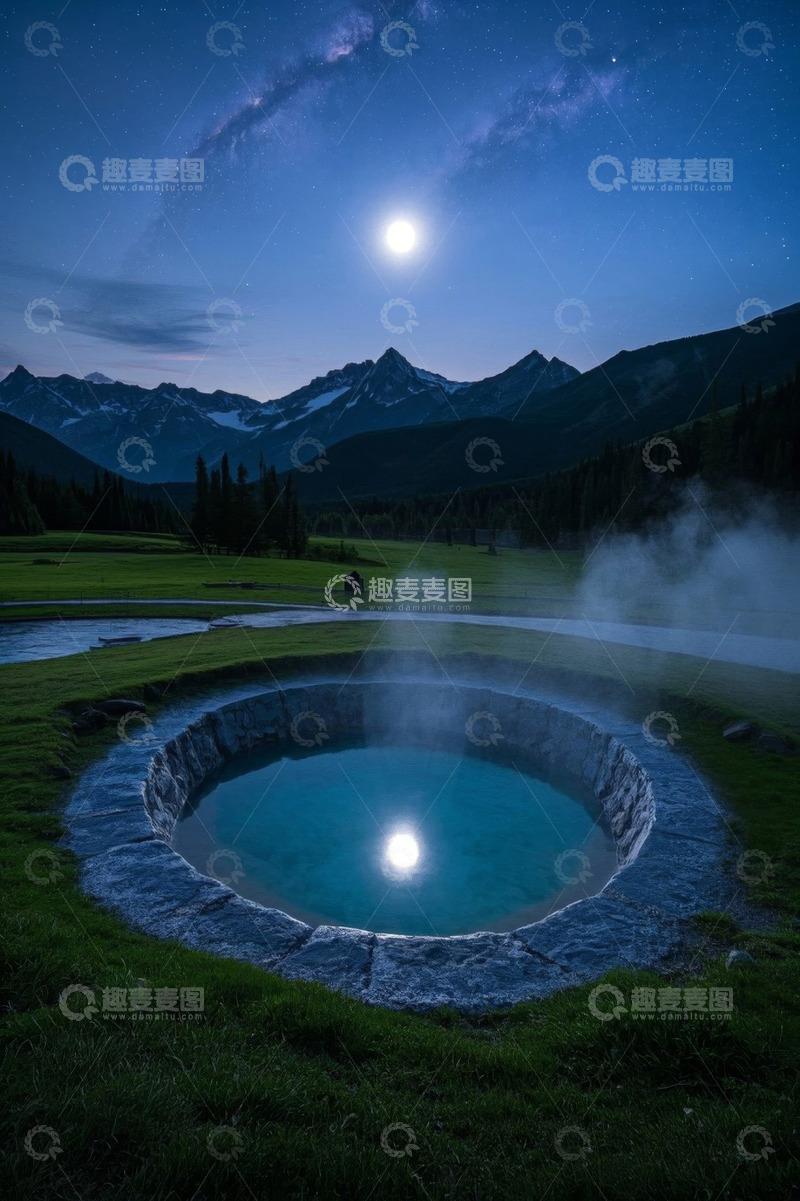 高清大图下载【趣麦麦图】月夜下山间的圆形水池景观