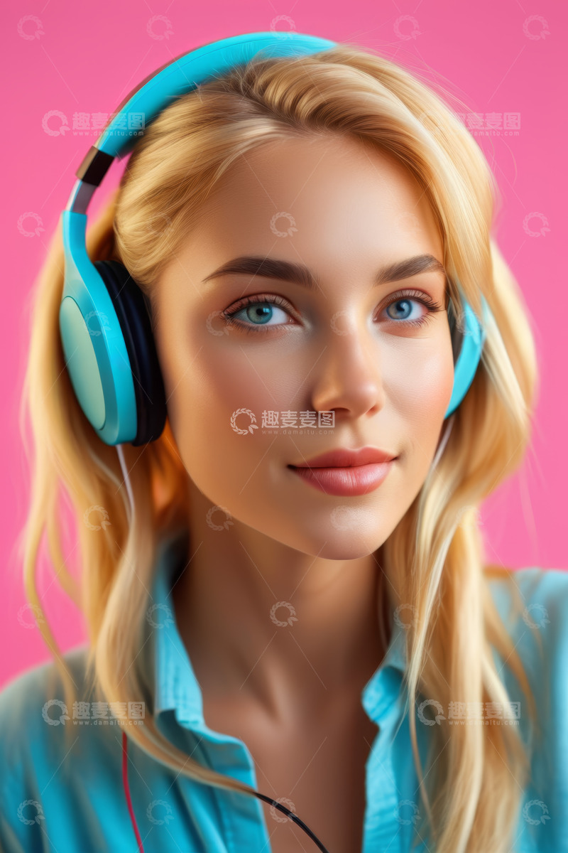 高清大图下载【趣麦麦图】戴耳机金发女子特写肖像