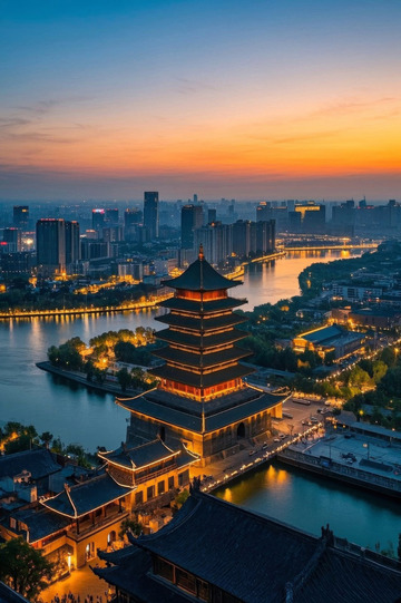 城市古建筑与现代建筑全景